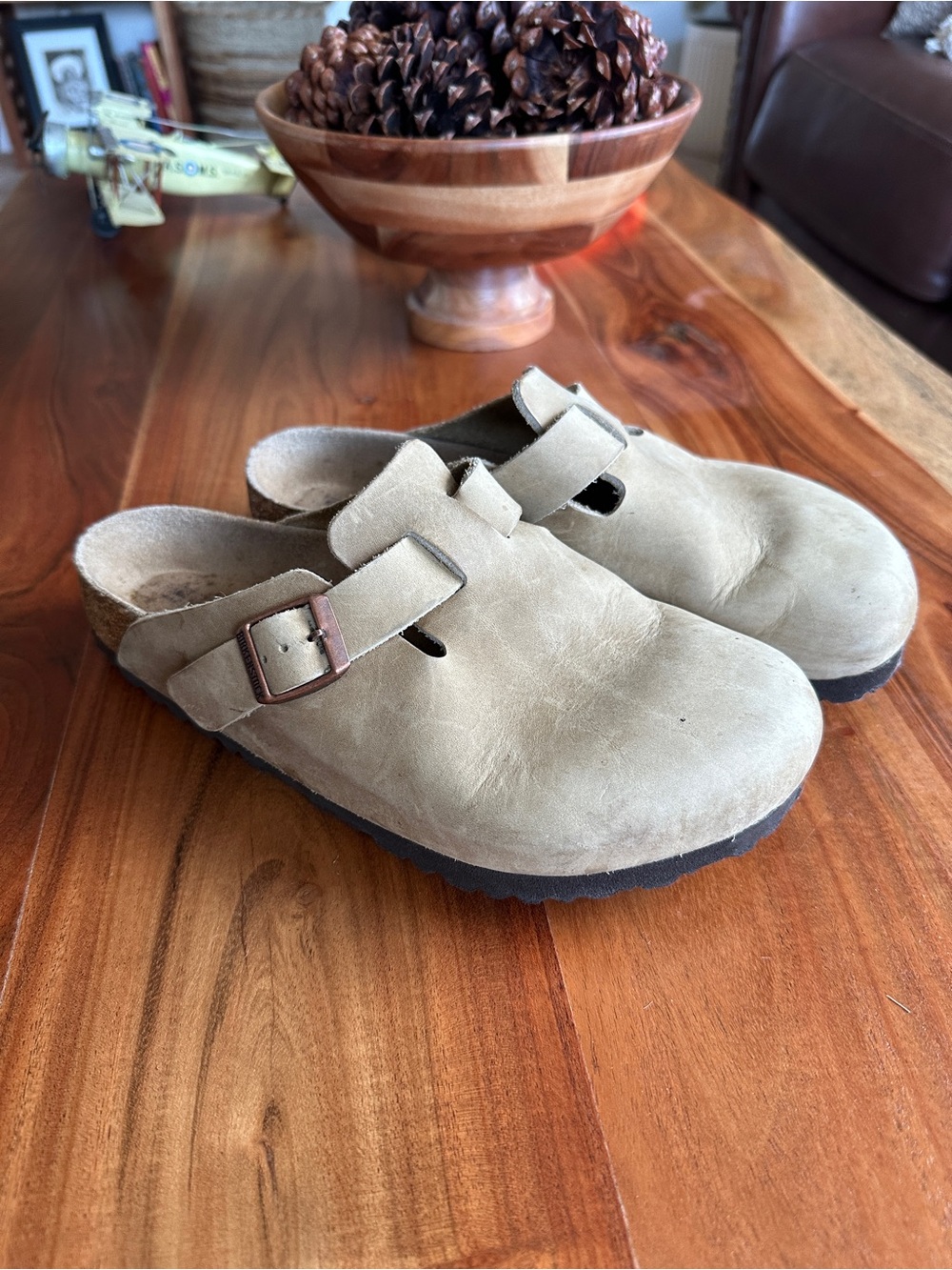 Birkenstock Tan Leather Boston Clogs with Buckle